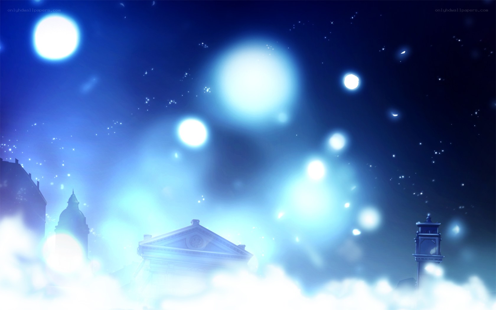 blue lights over city skyline