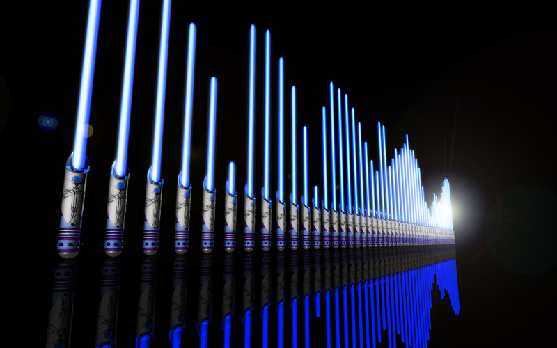 Blue lightsabers in formation