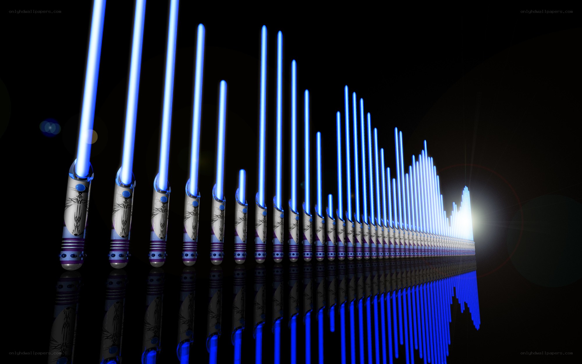 Blue lightsabers in formation