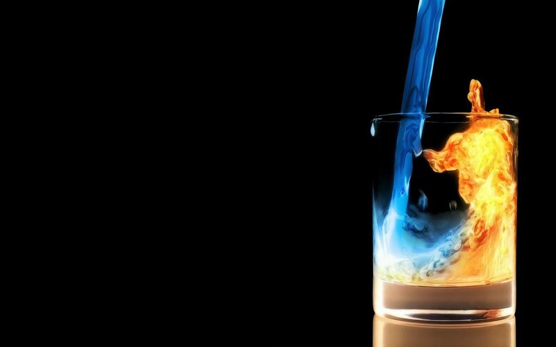 Blue Liquid and Fire in Glass — Black, Dramatic, Digital Art