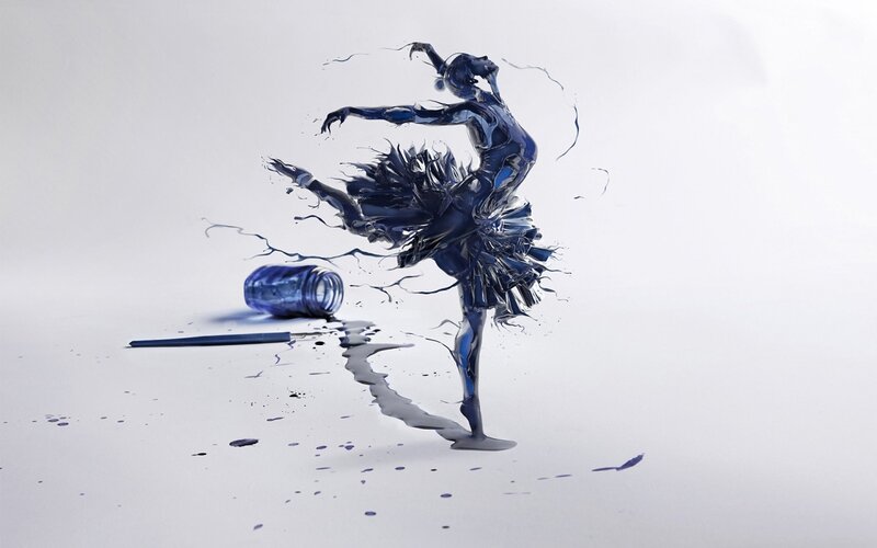 Blue Liquid Ballerina — Dramatic, Digital Art, Paint Bottle