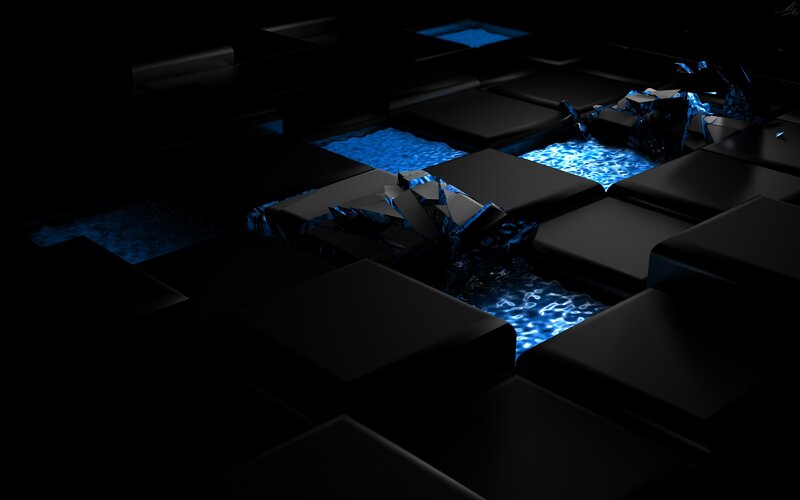 Blue liquid flowing through black cubes