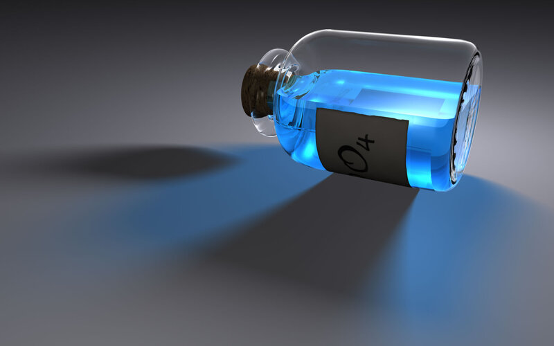 blue liquid in a bottle