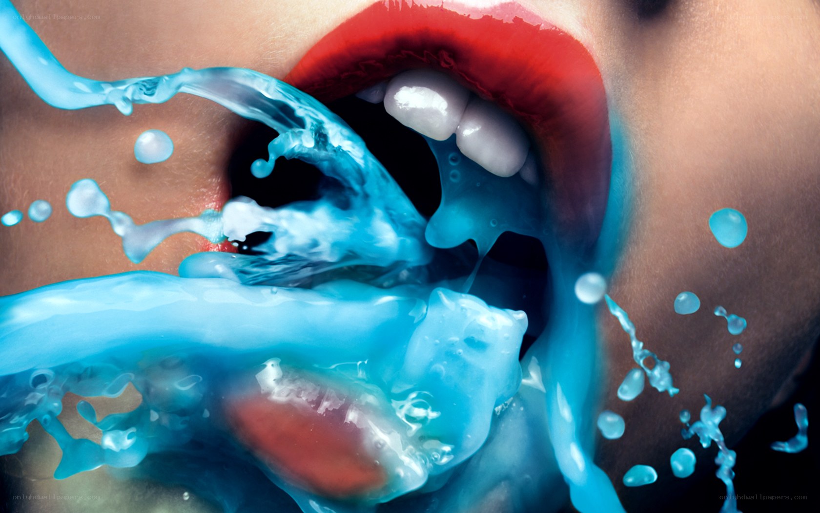 blue liquid splashing from mouth