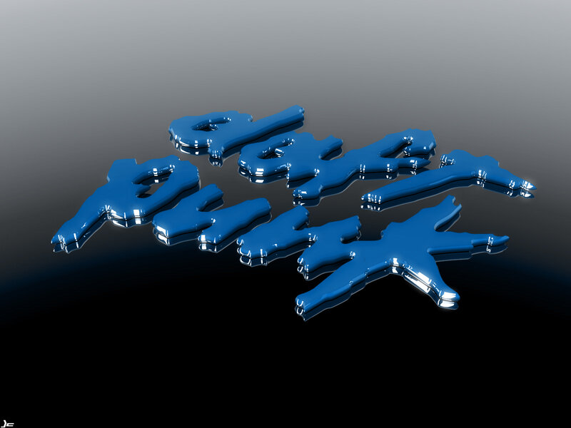 Blue liquid text on reflective surface