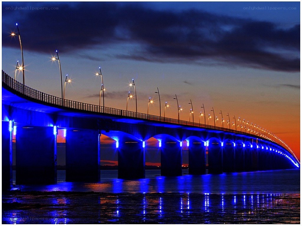 Blue-lit bridge at dusk