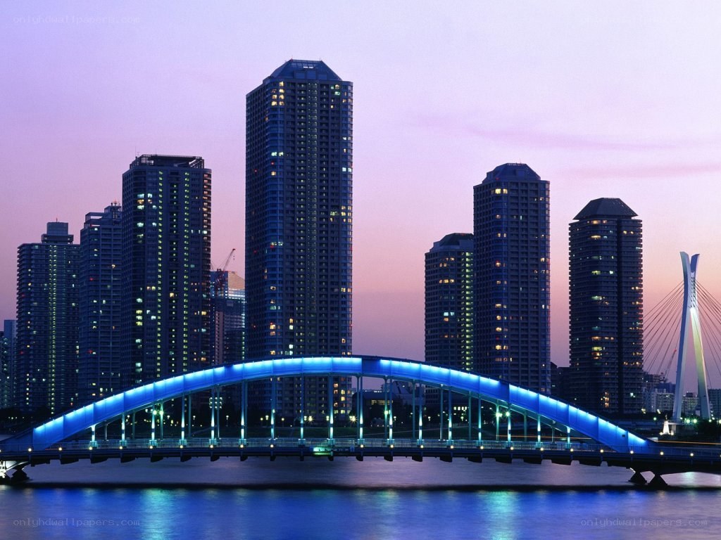 Blue-lit bridge at dusk