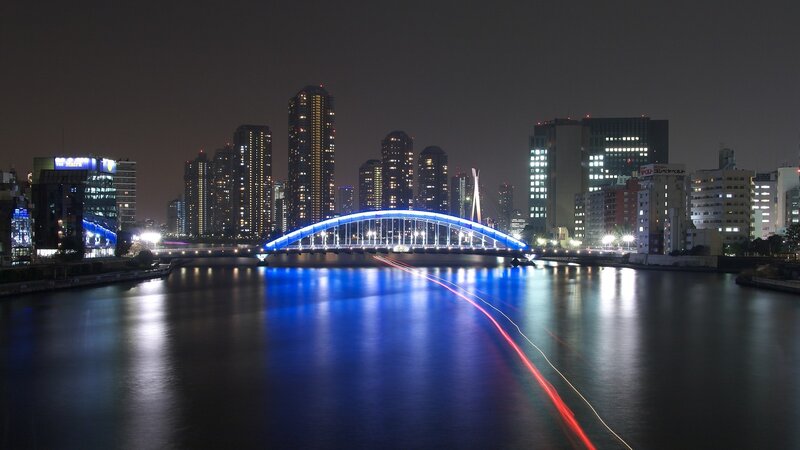 Blue-lit Bridge at Night — Blue, Calm