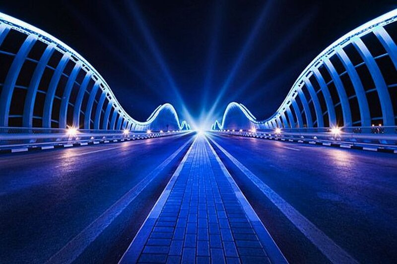 Blue-lit Bridge at Night — Blue, Dramatic, Digital Art