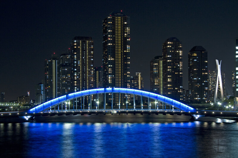 Blue-lit Bridge at Night — Blue, Dramatic, Photograph, Skyscraper
