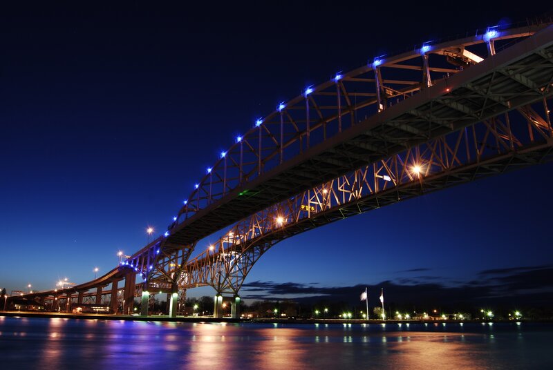 Blue-lit Bridge at Night — Blue, Dramatic, Photograph