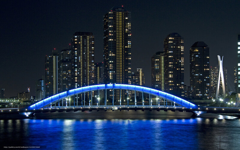 Blue-lit Bridge at Night — Blue, Serene, Photograph, City Skyline