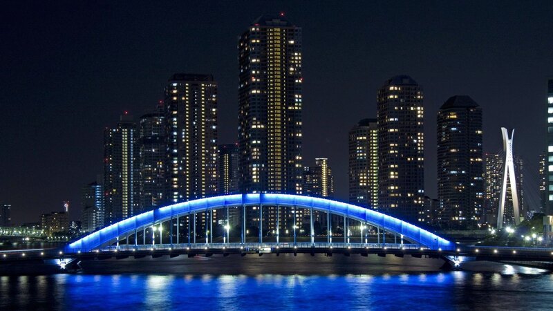 Blue-lit Bridge at Night — Blue, Serene, Photograph