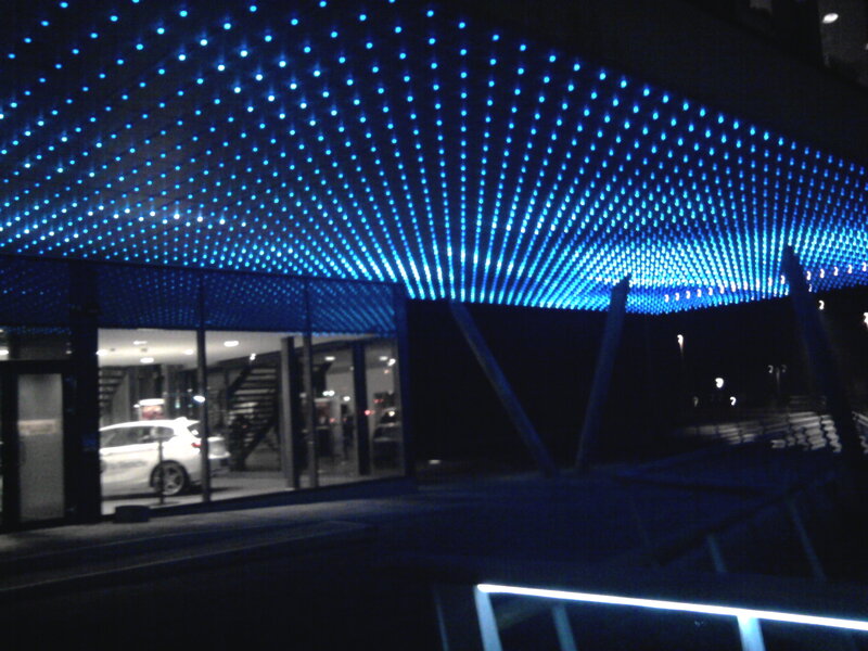Blue-lit Building Facade