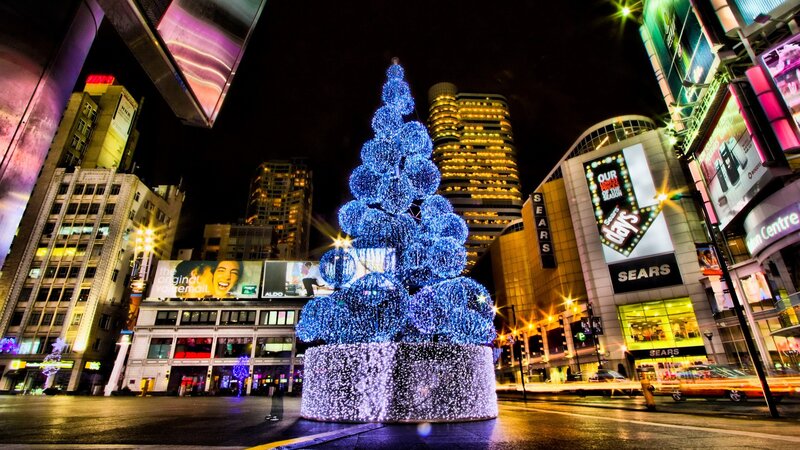 Blue-lit Christmas Tree — Blue, Festive, Night, Photograph, City Buildings