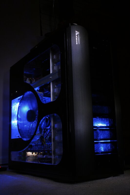 blue-lit computer case