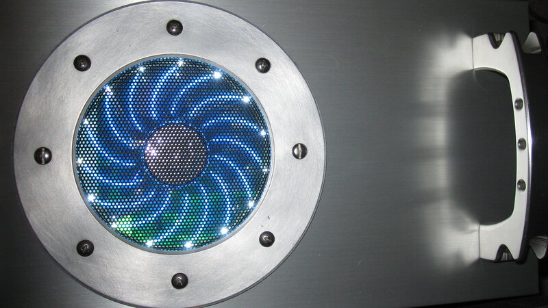 blue-lit computer fan