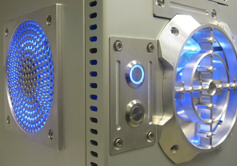 blue-lit computer hardware