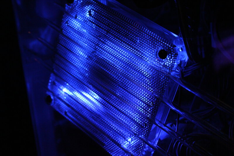 blue-lit computer radiator