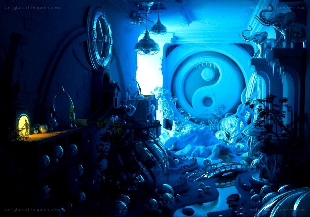 blue-lit fantasy chamber