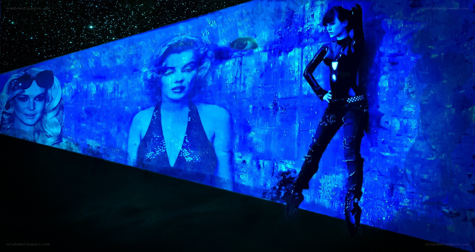 Blue-lit fashion display