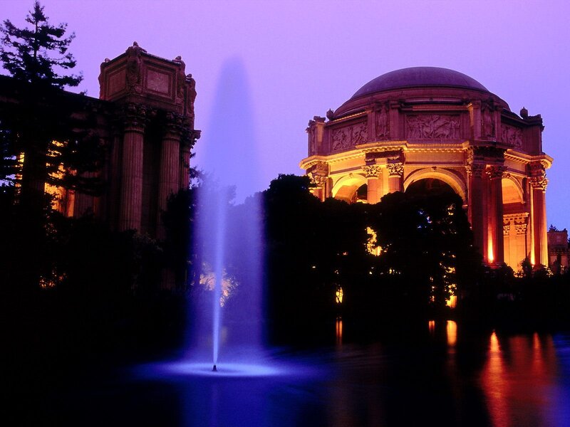 Blue-lit Fountain at Night — Purple