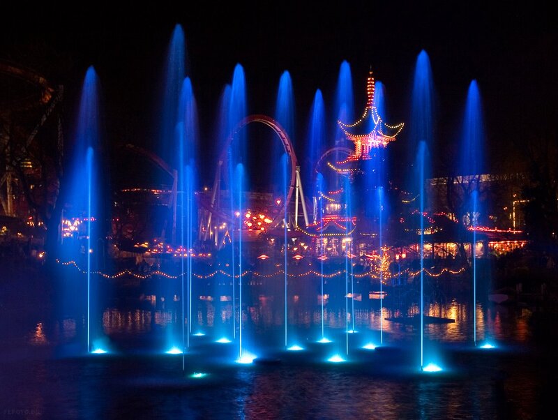 Blue-lit Fountains at Night