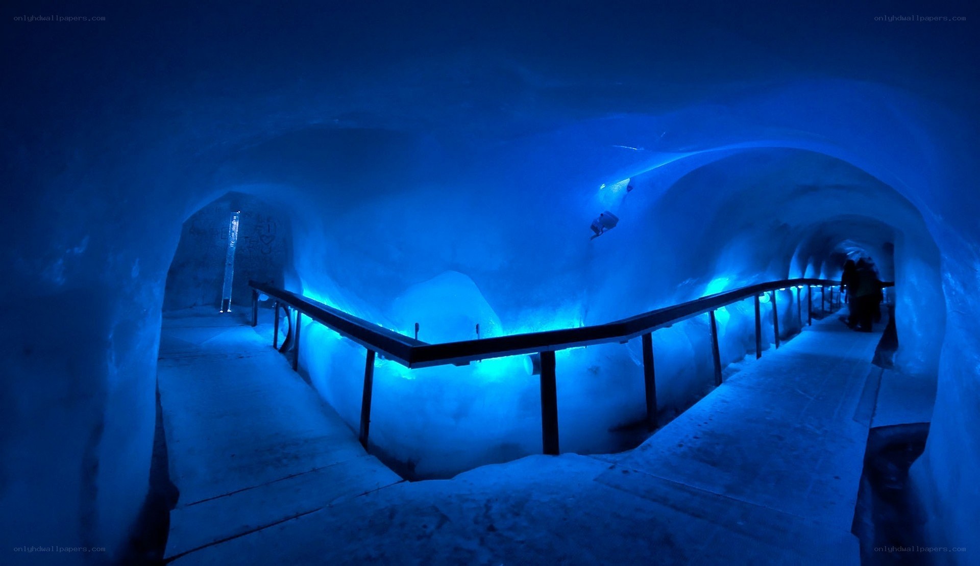 blue-lit ice tunnel