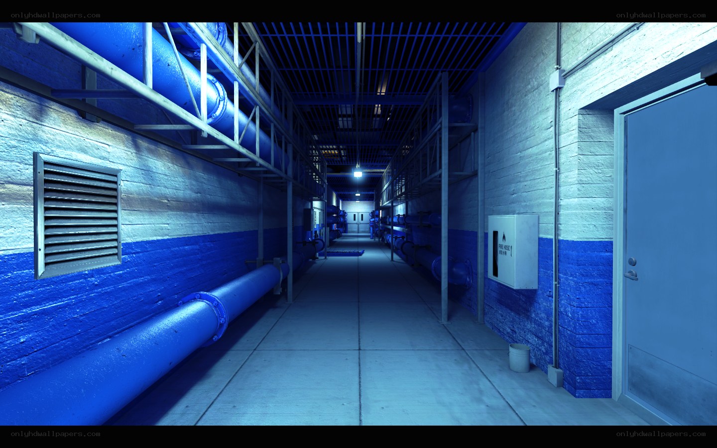 blue-lit industrial corridor