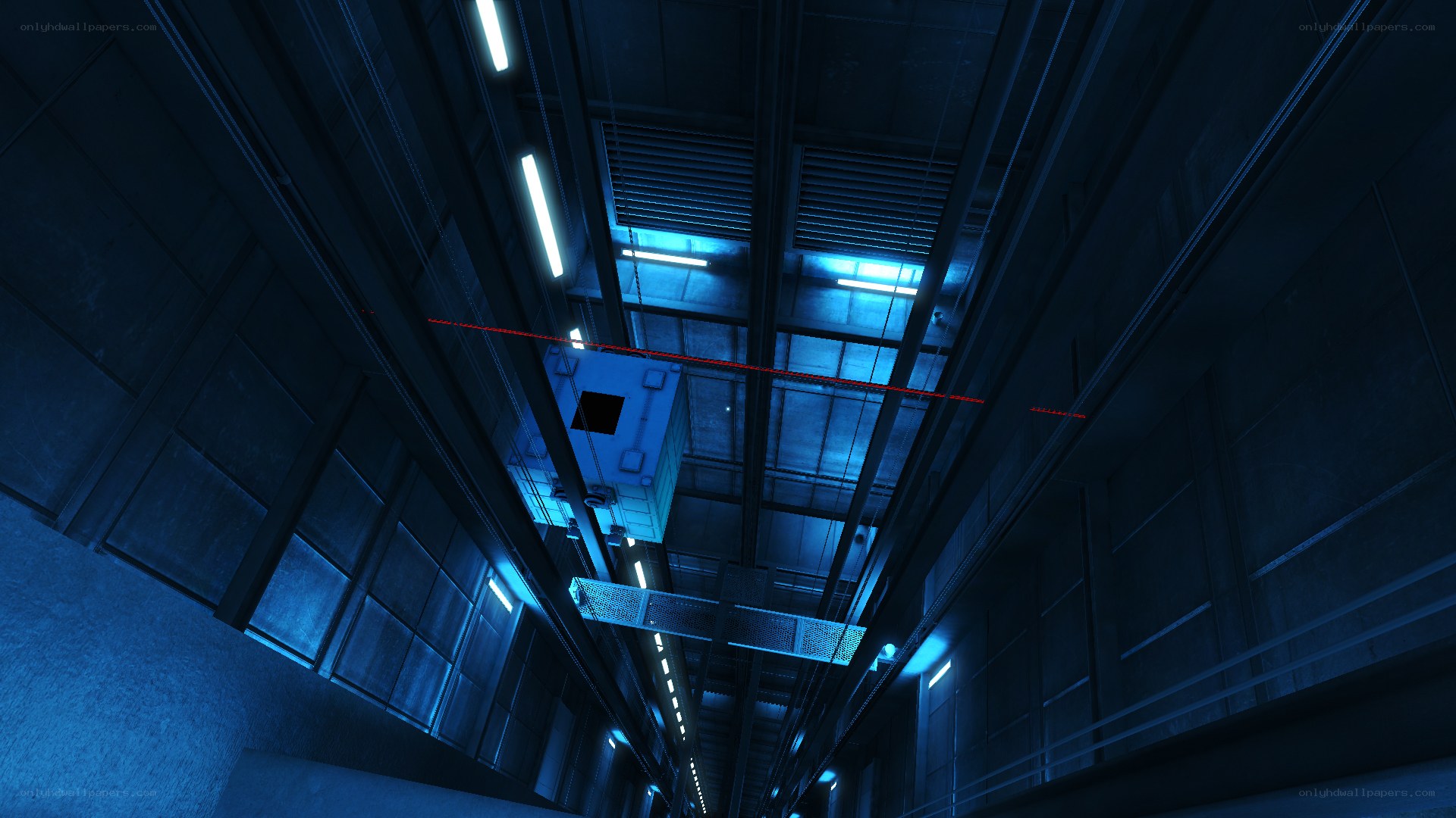 blue-lit industrial corridor