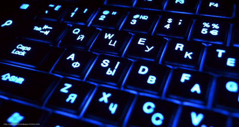 blue-lit keyboard with cyrillic letters