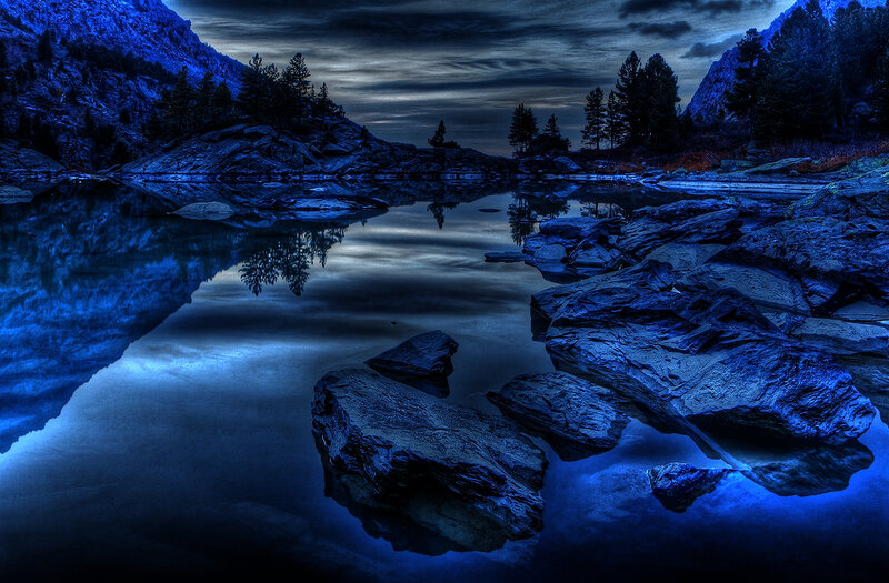 Blue-lit Lake at Night — Blue, Dramatic