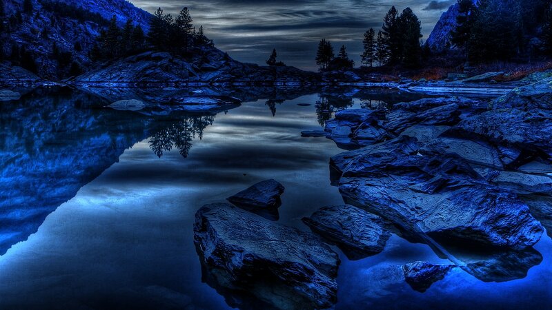 Blue-lit Lake at Night — Blue, Serene