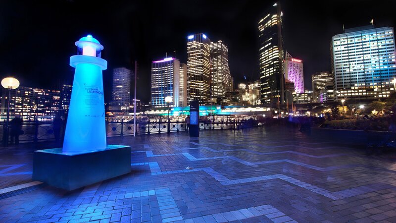Blue-lit Lighthouse Sculpture — Blue