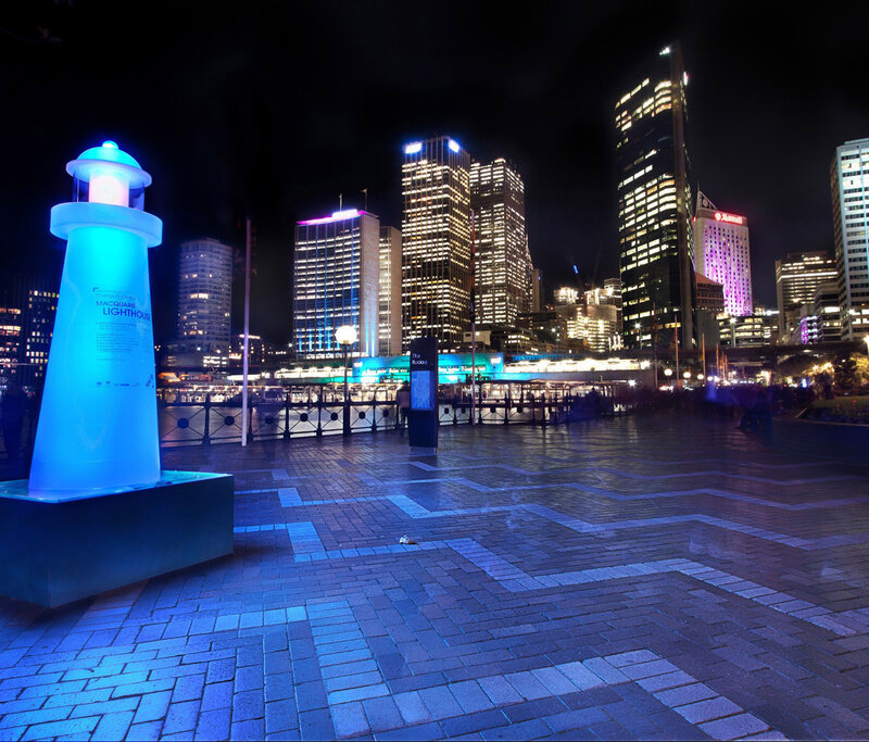 Blue-lit Lighthouse Sculpture — Blue, Urban