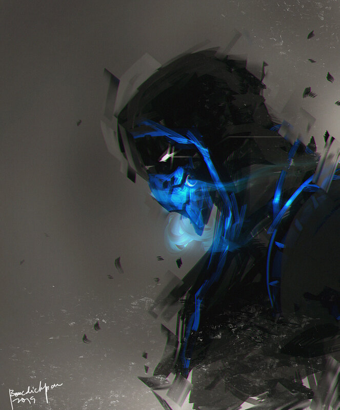 Blue-lit Robotic Figure