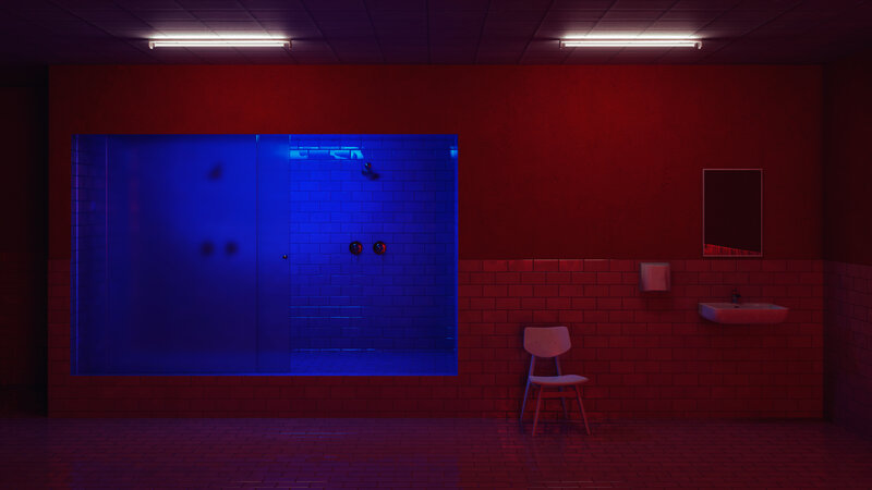 Blue-lit Shower Stall