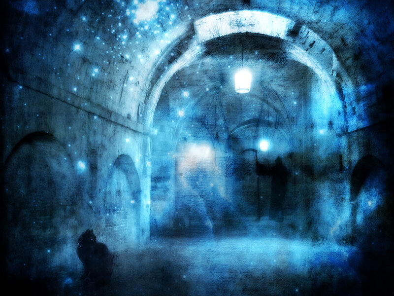 Blue-lit stone corridor