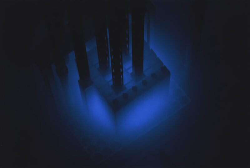 blue-lit structure in darkness