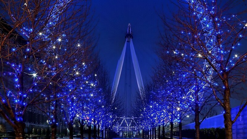 Blue-lit Trees and Tower — Blue, Festive