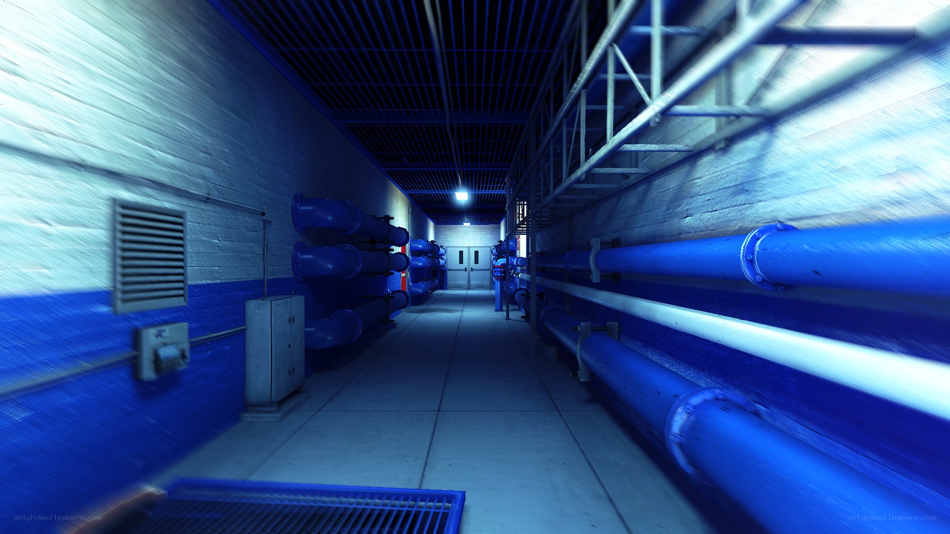 blue-lit utility corridor