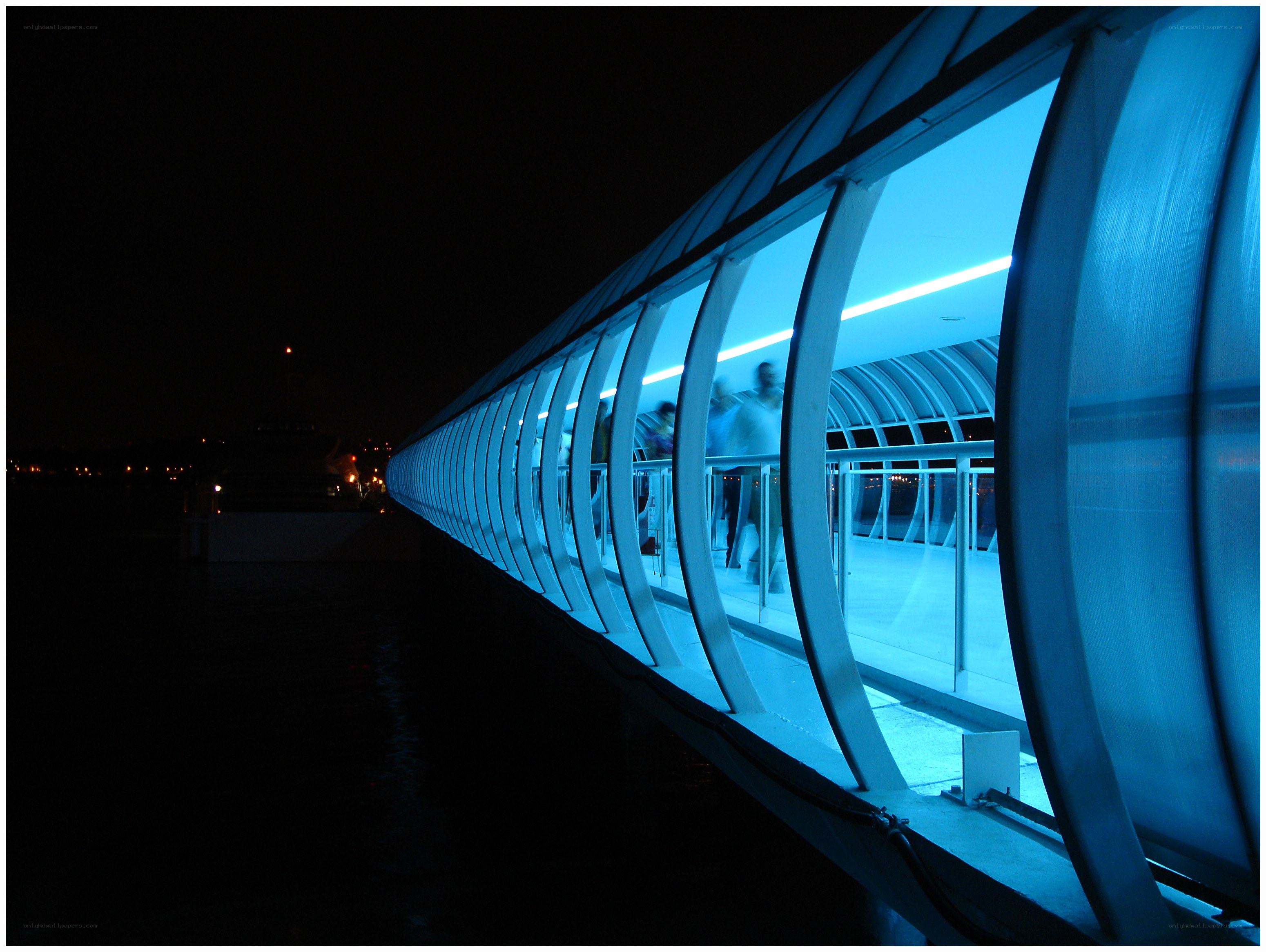 blue-lit walkway at night