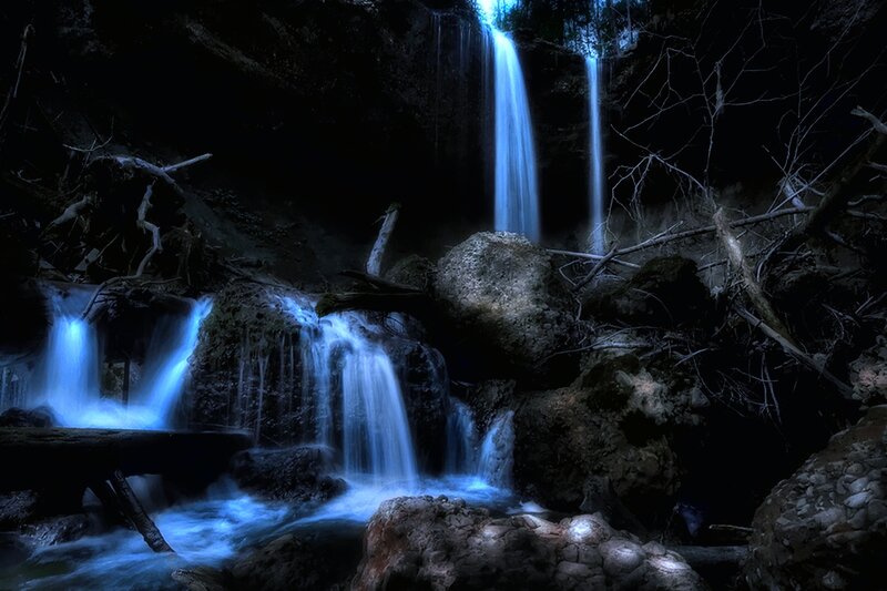 Blue-lit Waterfall — Blue, Dramatic