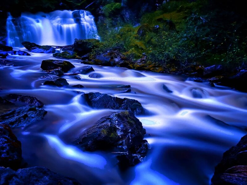 Blue-lit Waterfall — Blue, Serene