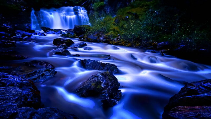 Blue-lit Waterfall — Blue
