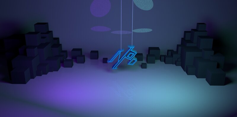 Blue Logo Hanging from Strings