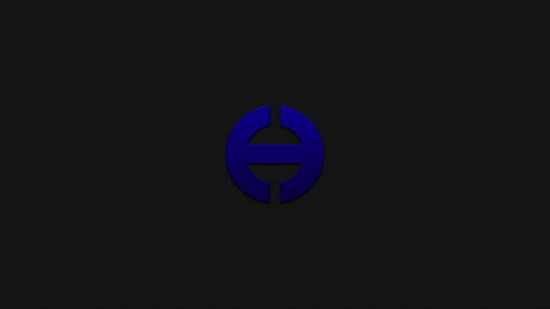 blue logo on black background