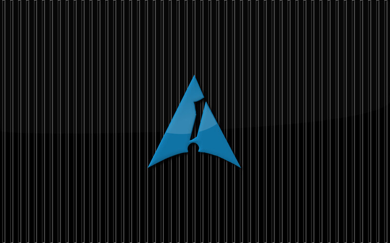 blue logo on black striped background