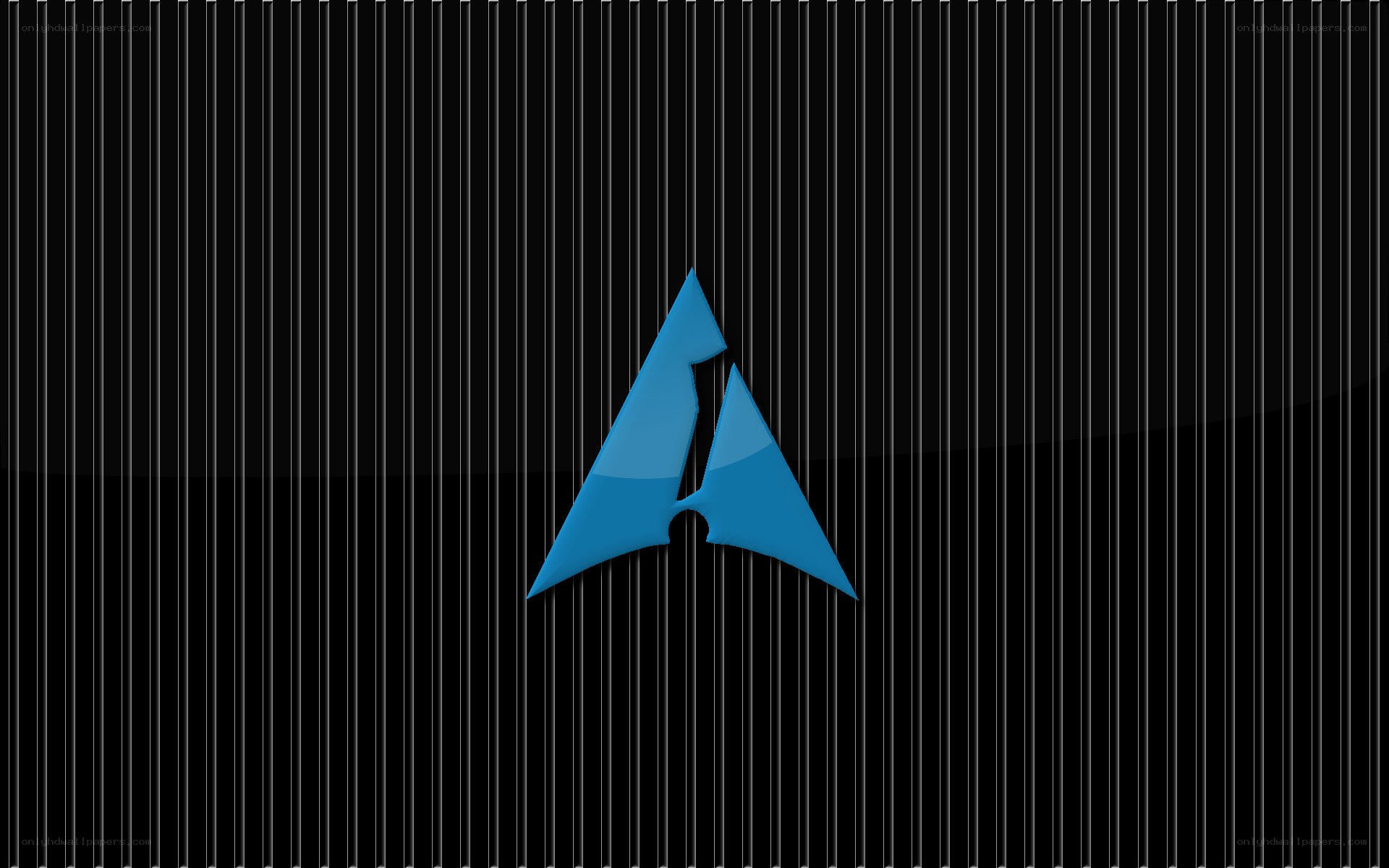 blue logo on black striped background