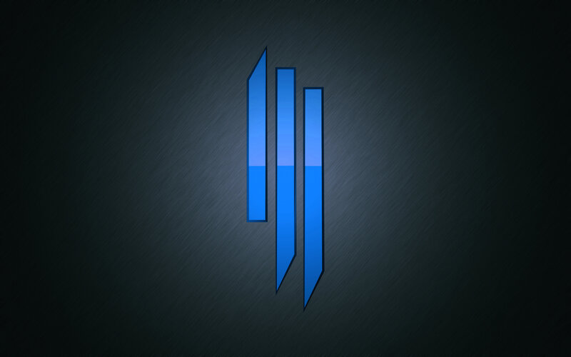 blue logo on dark background